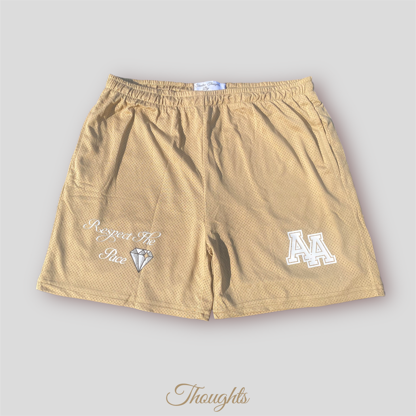 "Respect the Pace" Mesh Shorts, Tan